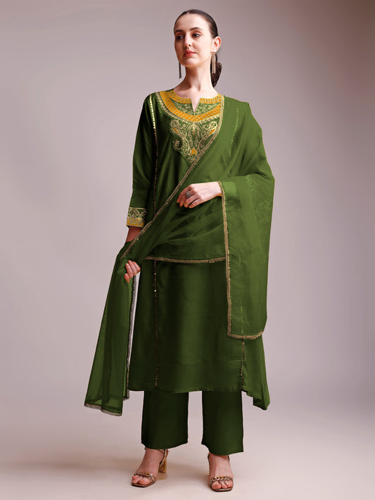 Elegant Olive Green Embroidered Silk Suit Set with Dupatta