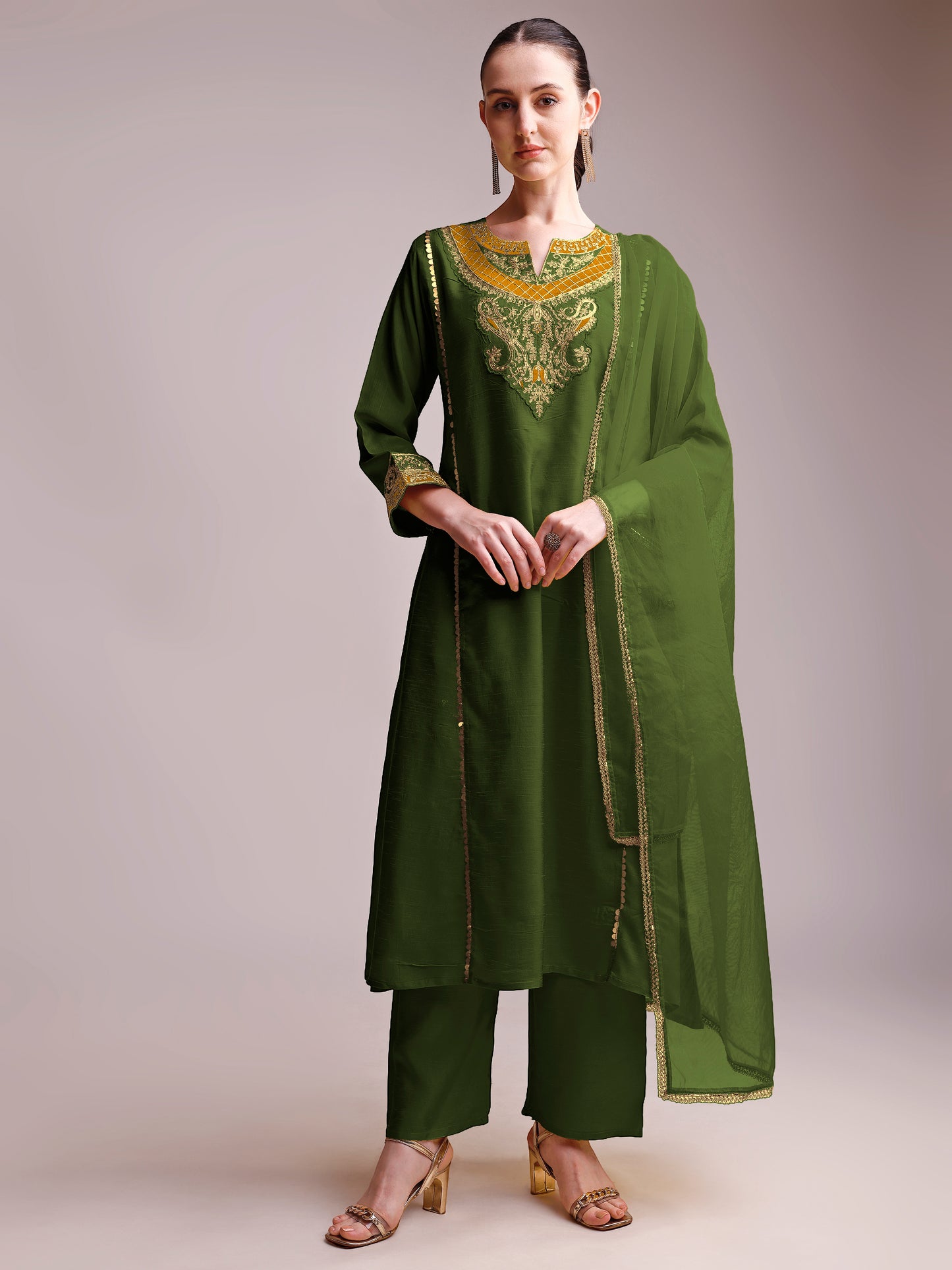 Elegant Olive Green Embroidered Silk Suit Set with Dupatta