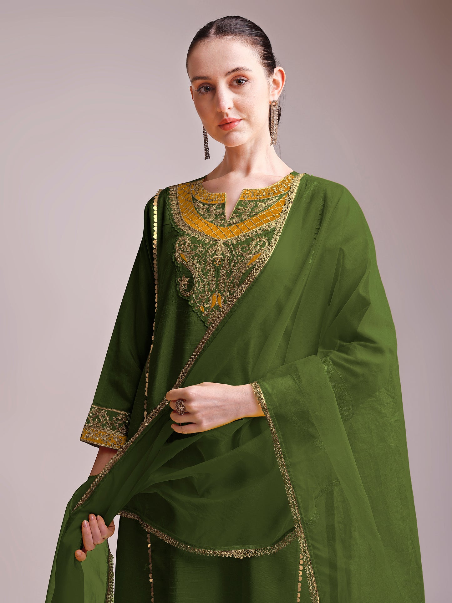 Elegant Olive Green Embroidered Silk Suit Set with Dupatta