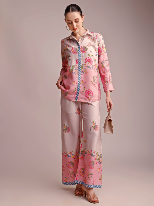 Blush Pink Floral Printed Co-ord Set with Shirt Collar