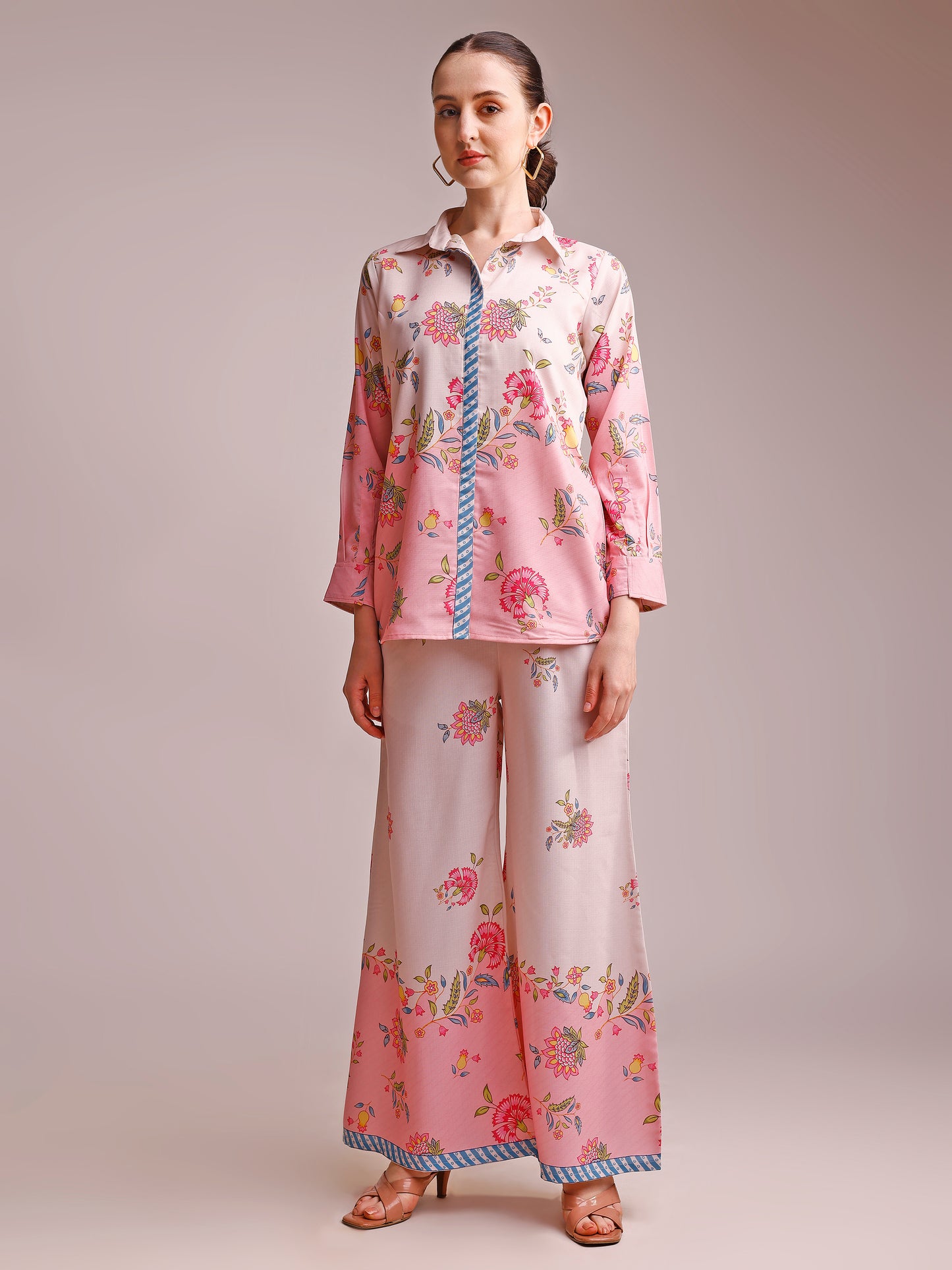 Blush Pink Floral Printed Co-ord Set with Shirt Collar
