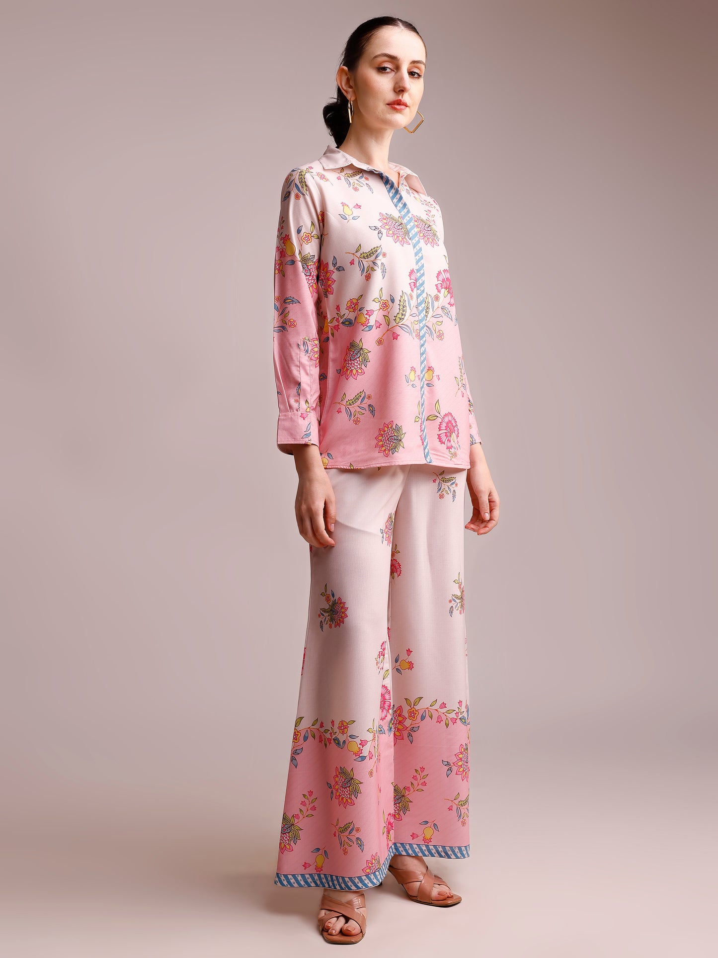 Blush Pink Floral Printed Co-ord Set with Shirt Collar