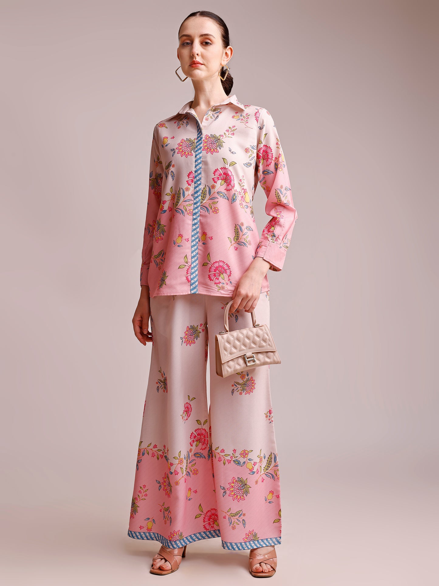 Blush Pink Floral Printed Co-ord Set with Shirt Collar