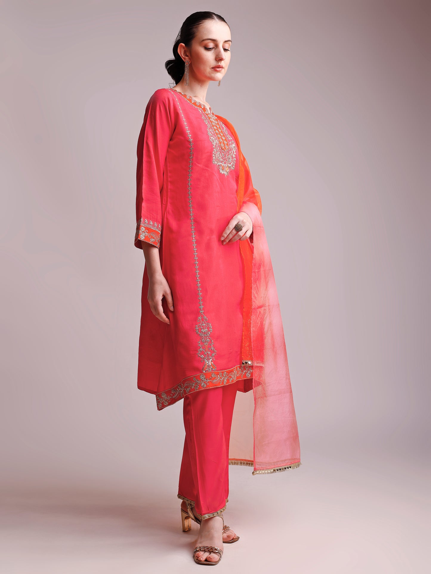 Coral Pink Embroidered Silk Kurta Set with Contrast Orange Dupatta