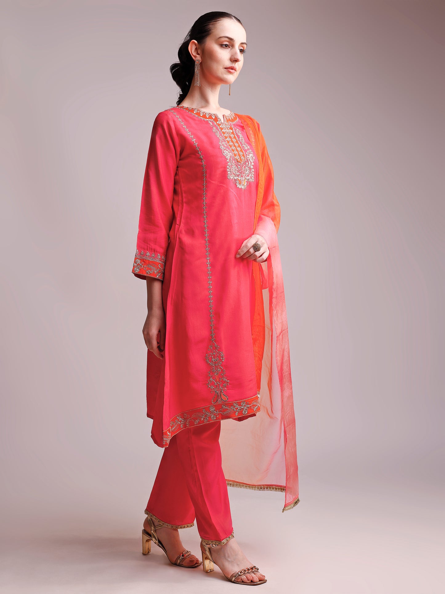 Coral Pink Embroidered Silk Kurta Set with Contrast Orange Dupatta
