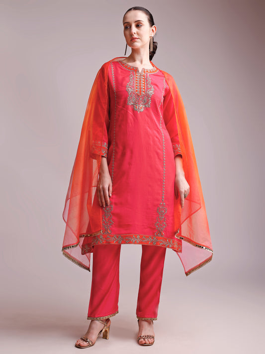 Coral Pink Embroidered Silk Kurta Set with Contrast Orange Dupatta