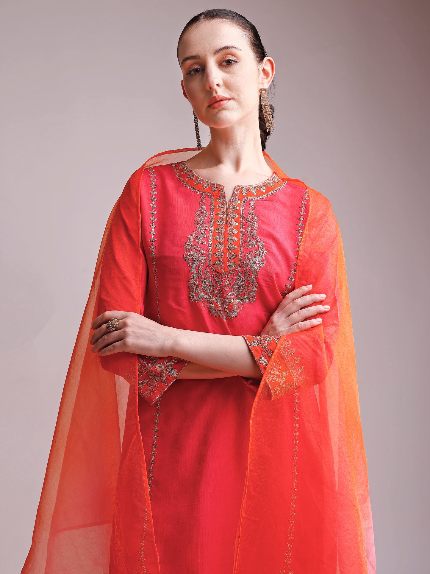 Coral Pink Embroidered Silk Kurta Set with Contrast Orange Dupatta
