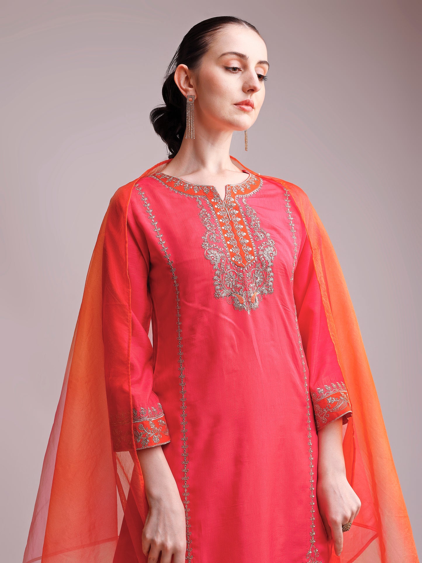 Coral Pink Embroidered Silk Kurta Set with Contrast Orange Dupatta