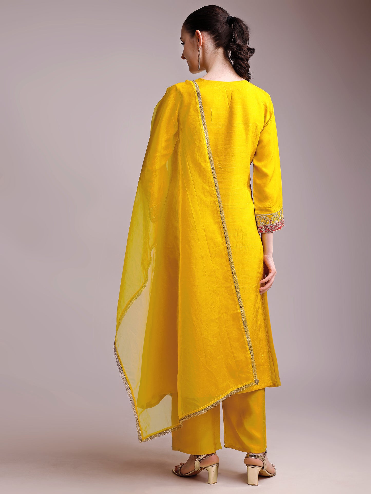 Mustard Yellow Embroidered Viscode Silk Kurta Set with Organza Dupatta