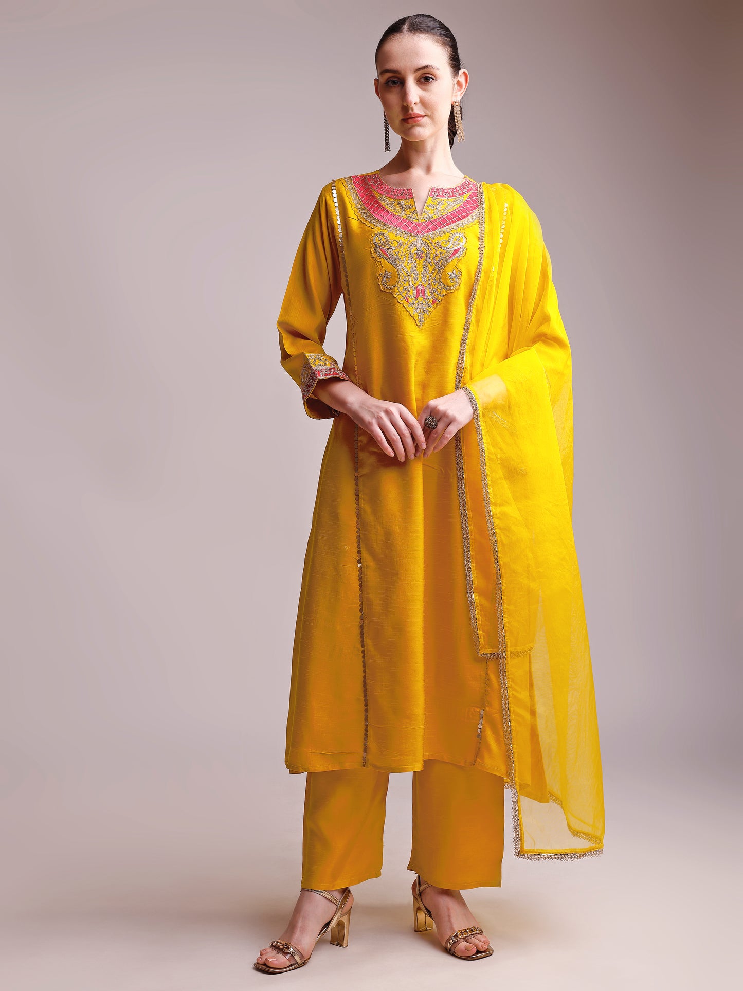 Mustard Yellow Embroidered Viscode Silk Kurta Set with Organza Dupatta