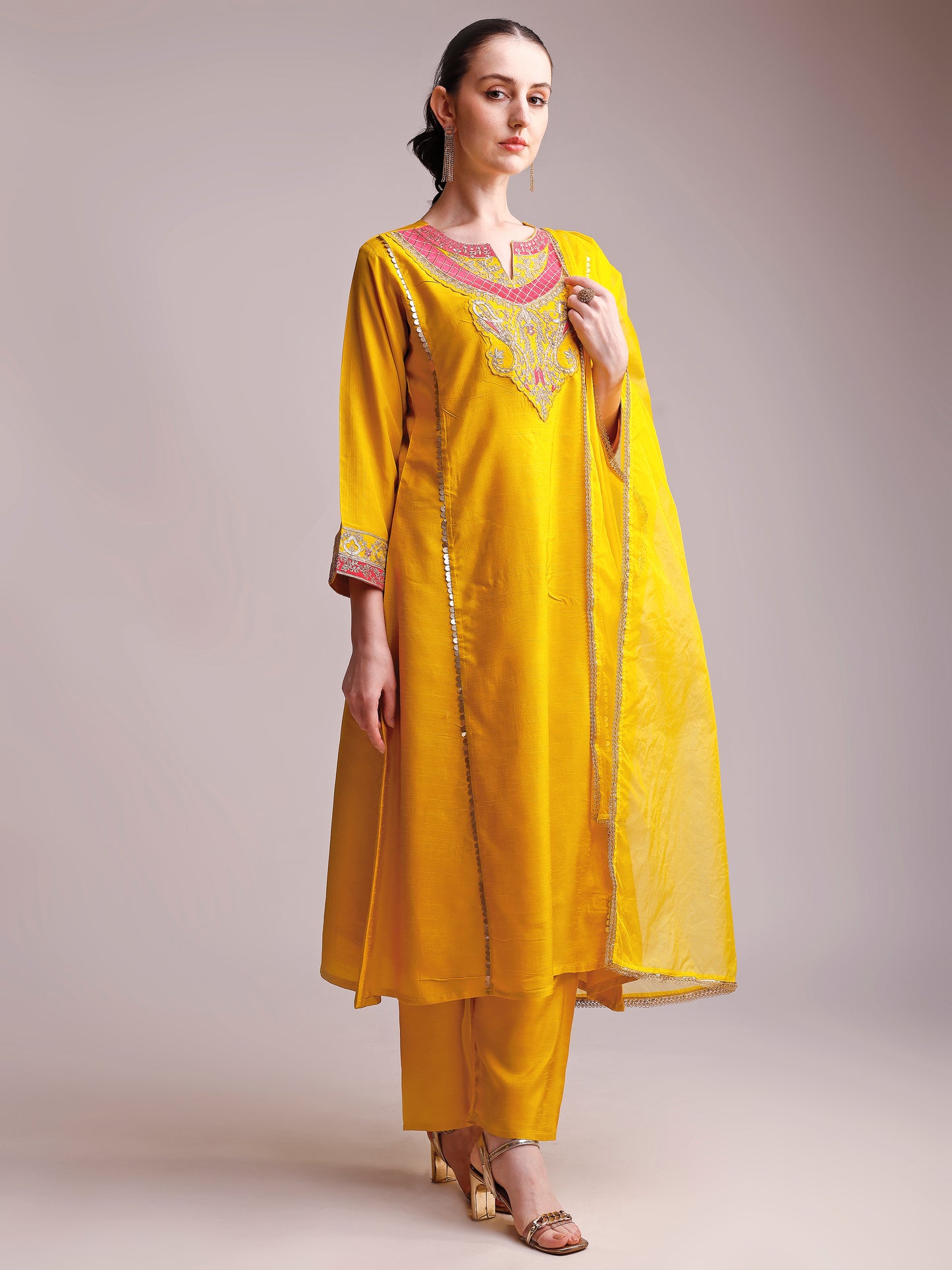 Mustard Yellow Embroidered Viscode Silk Kurta Set with Organza Dupatta