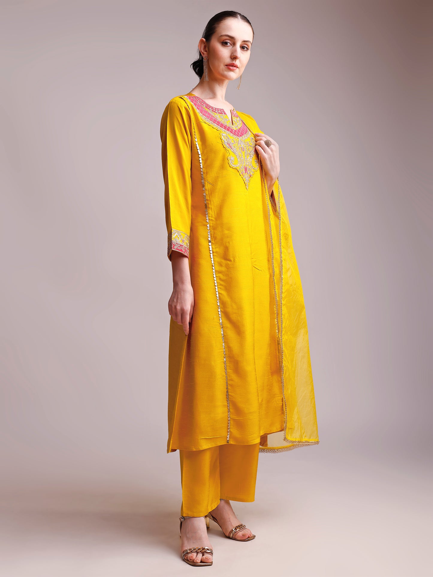 Mustard Yellow Embroidered Viscode Silk Kurta Set with Organza Dupatta