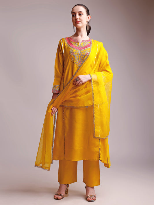Mustard Yellow Embroidered Viscode Silk Kurta Set with Organza Dupatta