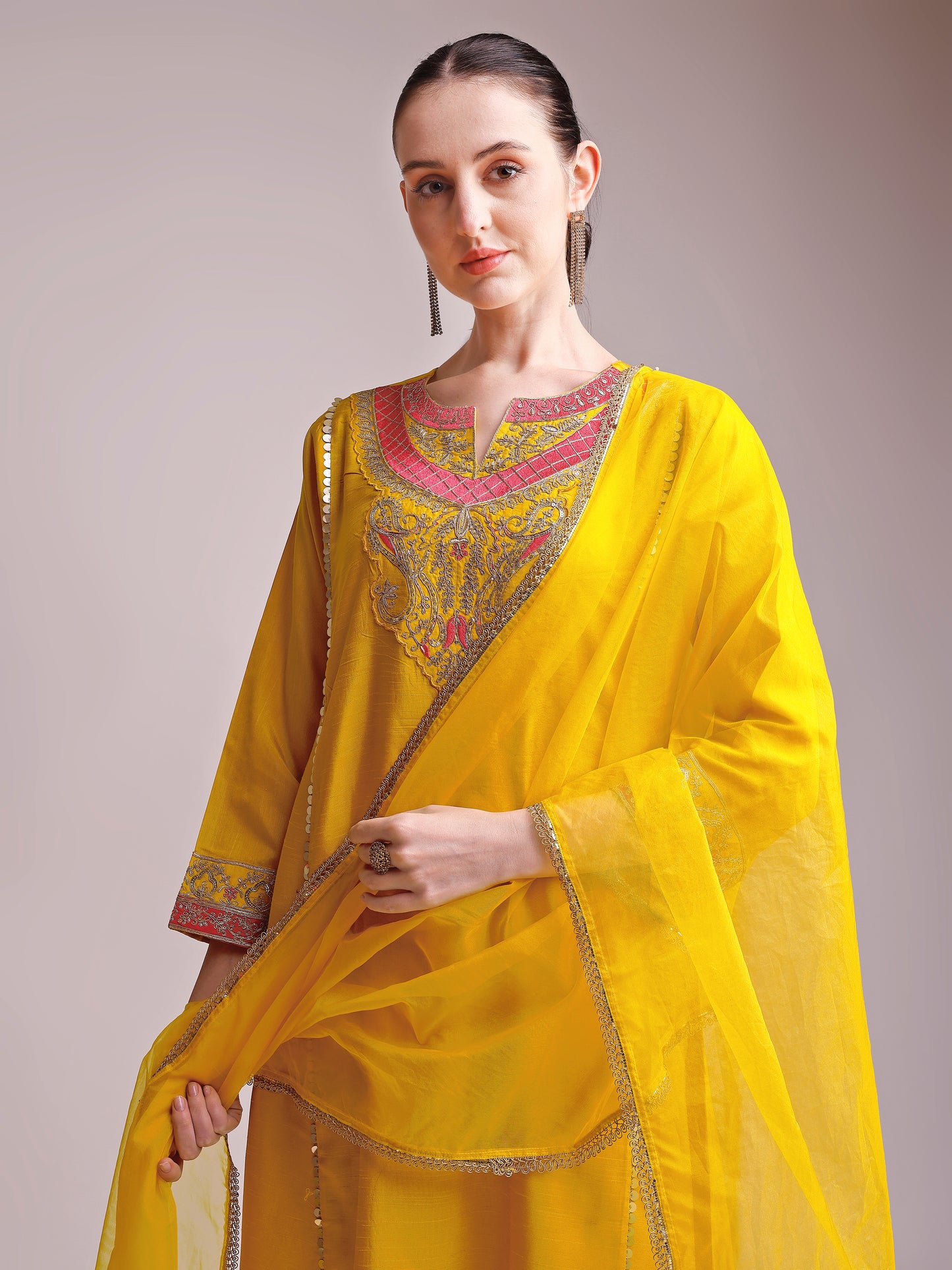 Mustard Yellow Embroidered Viscode Silk Kurta Set with Organza Dupatta