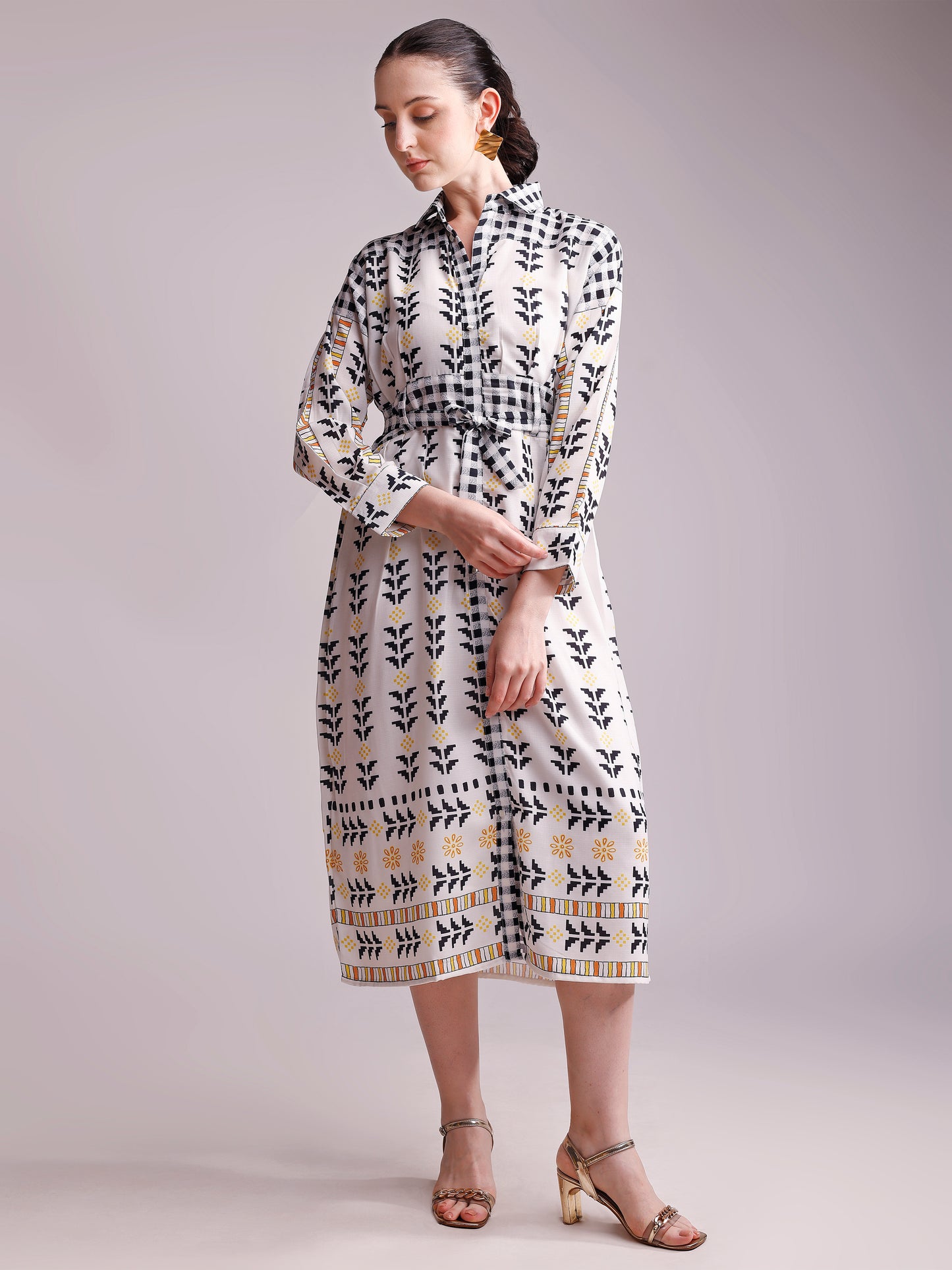 Off-White & Black Printed Shirt Dress with Waist Tie-Up