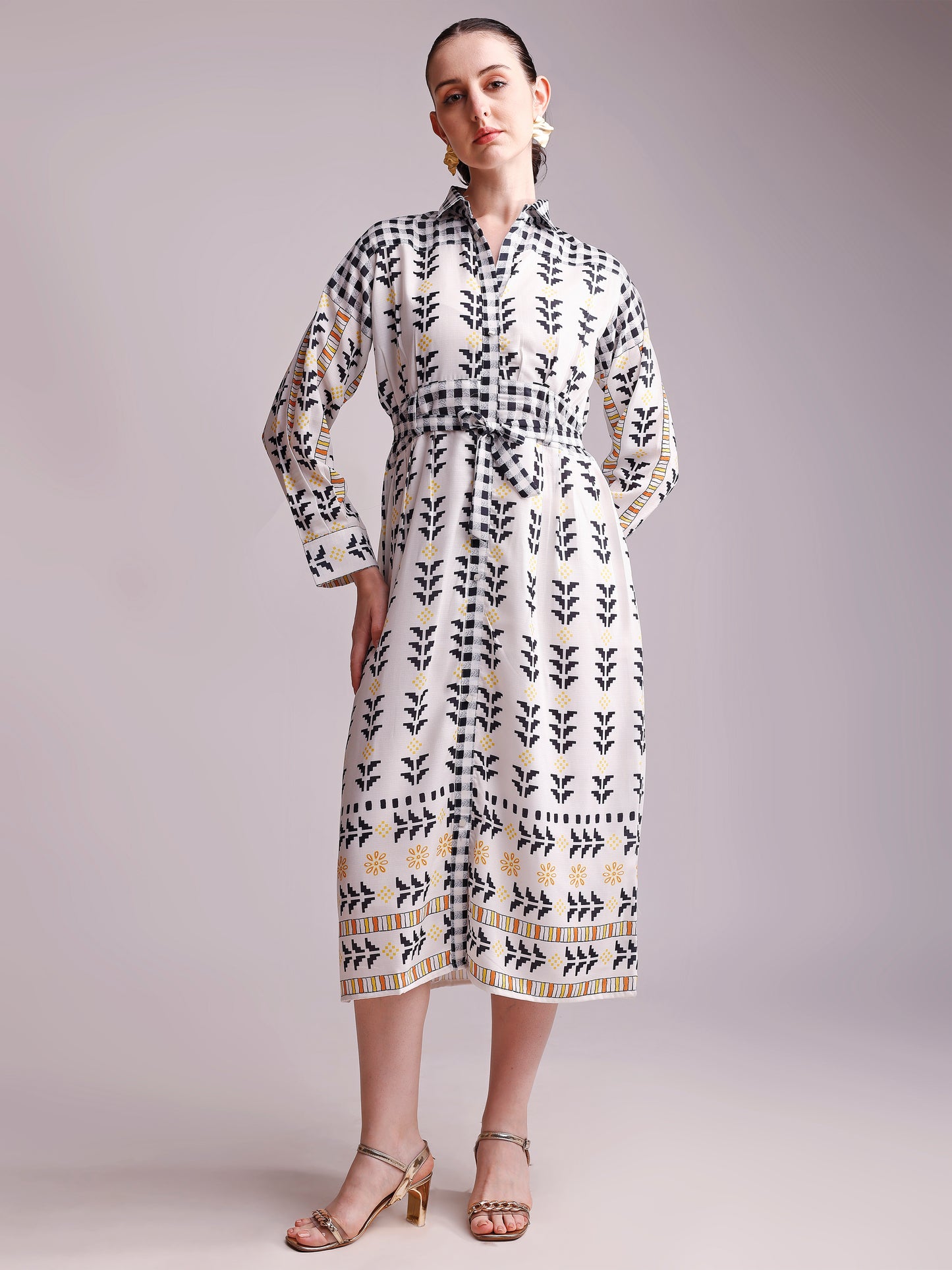 Off-White & Black Printed Shirt Dress with Waist Tie-Up