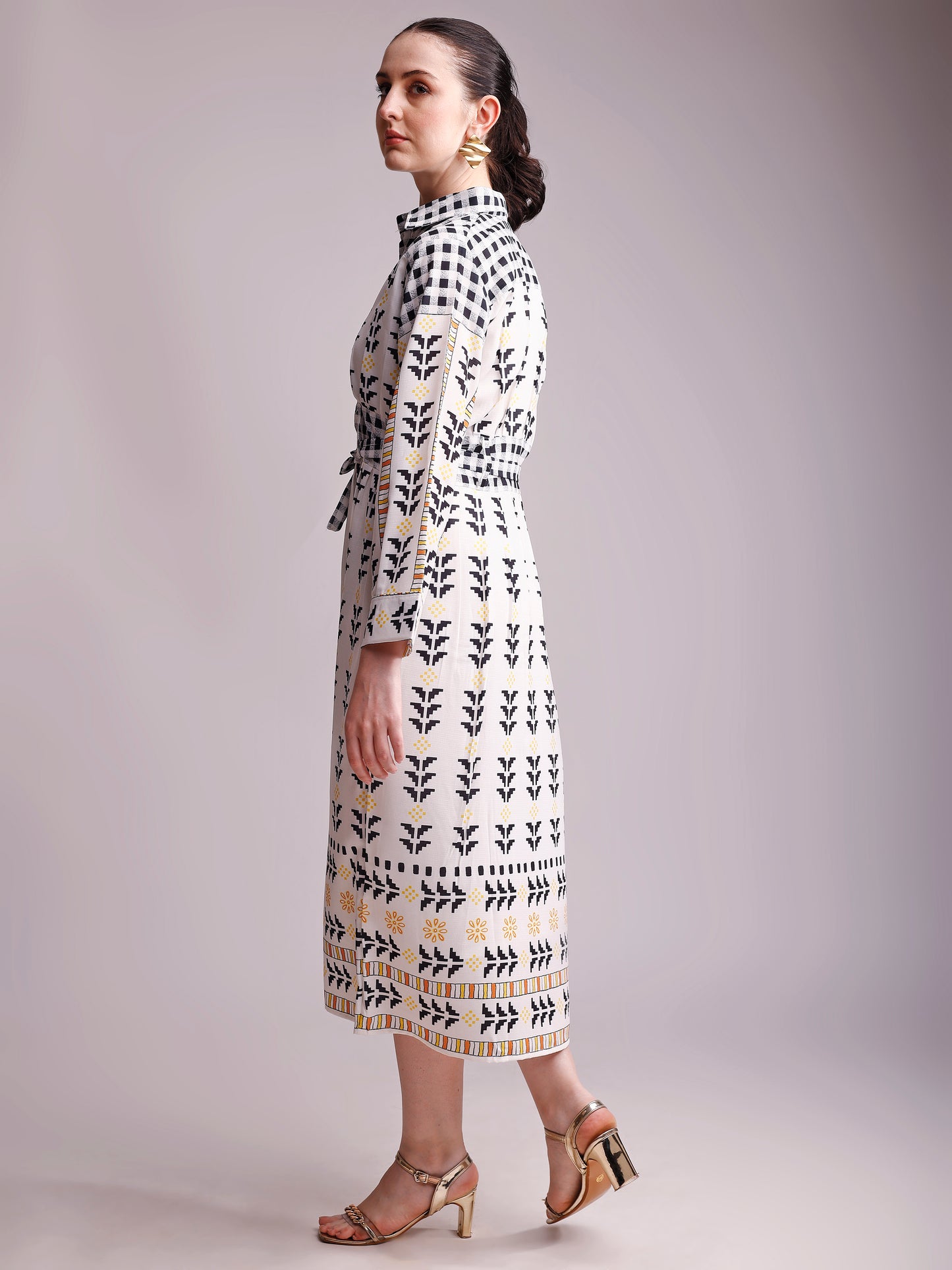 Off-White & Black Printed Shirt Dress with Waist Tie-Up