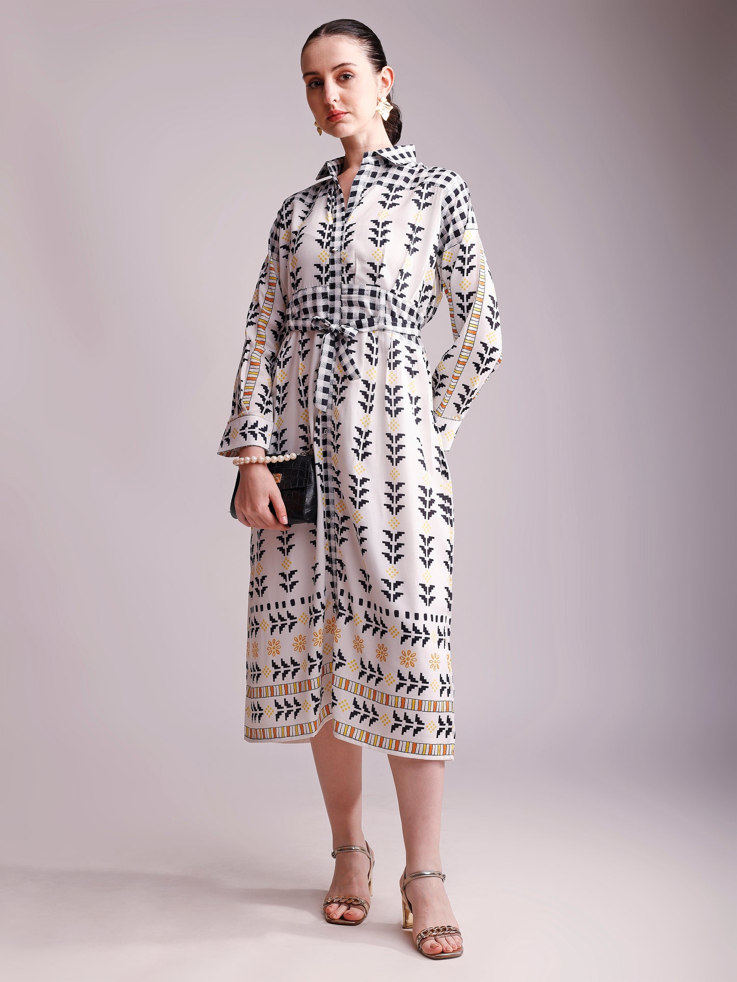 Off-White & Black Printed Shirt Dress with Waist Tie-Up