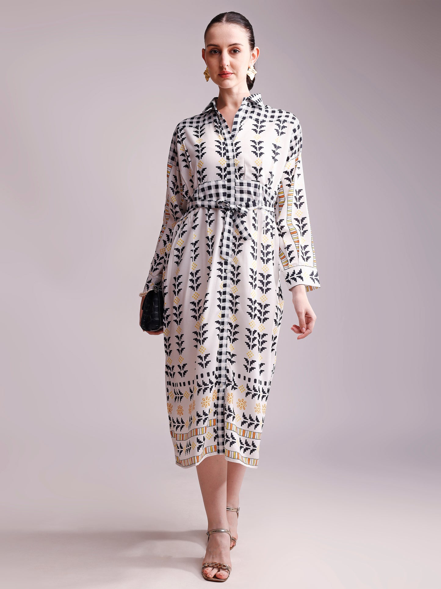 Off-White & Black Printed Shirt Dress with Waist Tie-Up