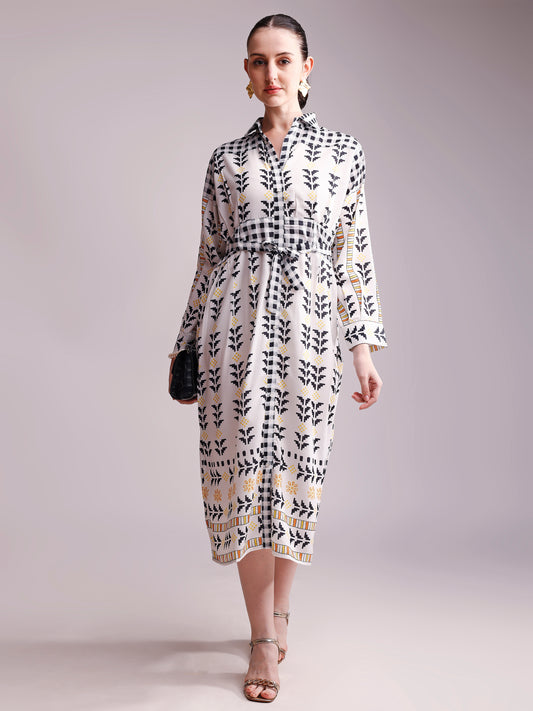 Off-White & Black Printed Shirt Dress with Waist Tie-Up