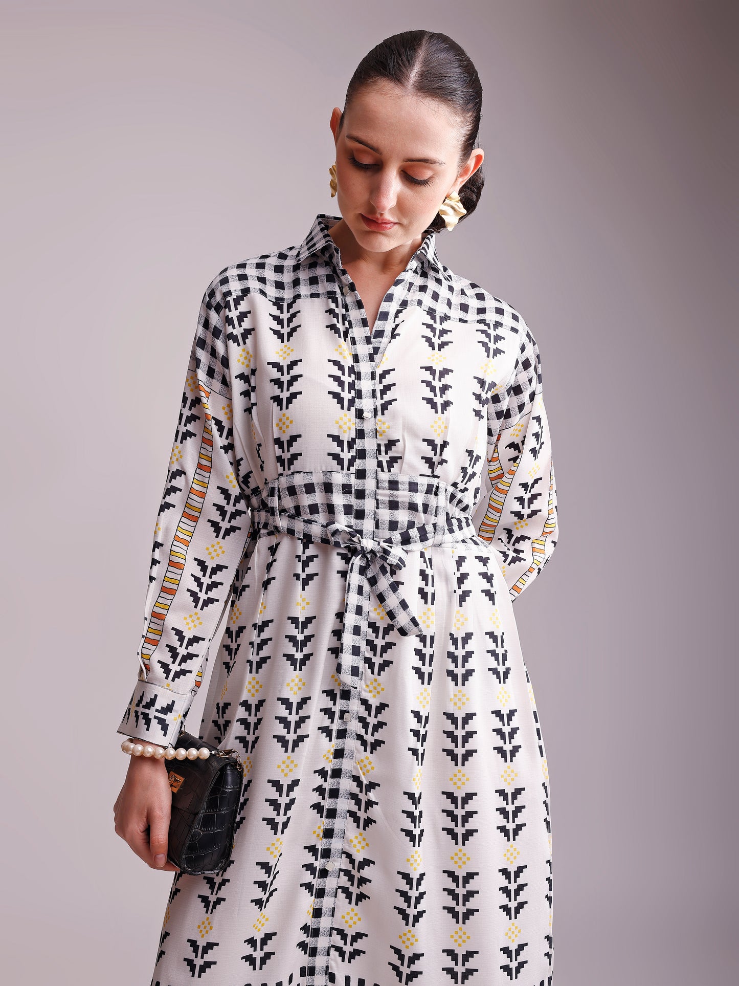 Off-White & Black Printed Shirt Dress with Waist Tie-Up