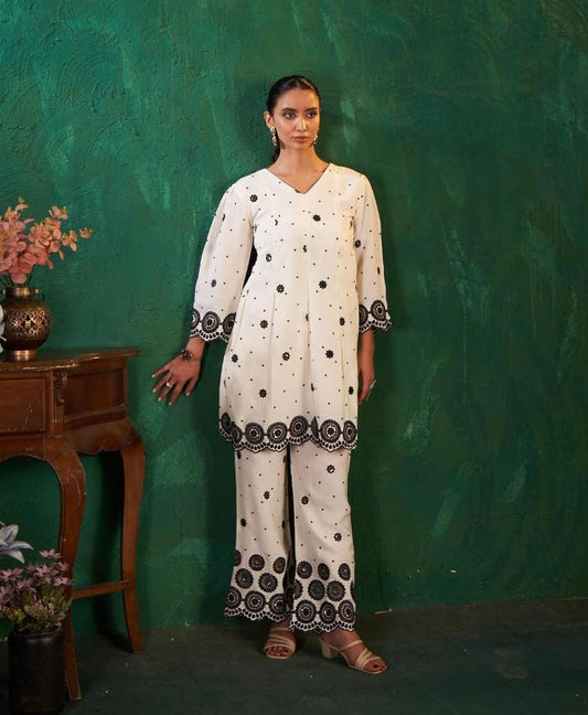 Elegant White Embroidered Co-ord Set