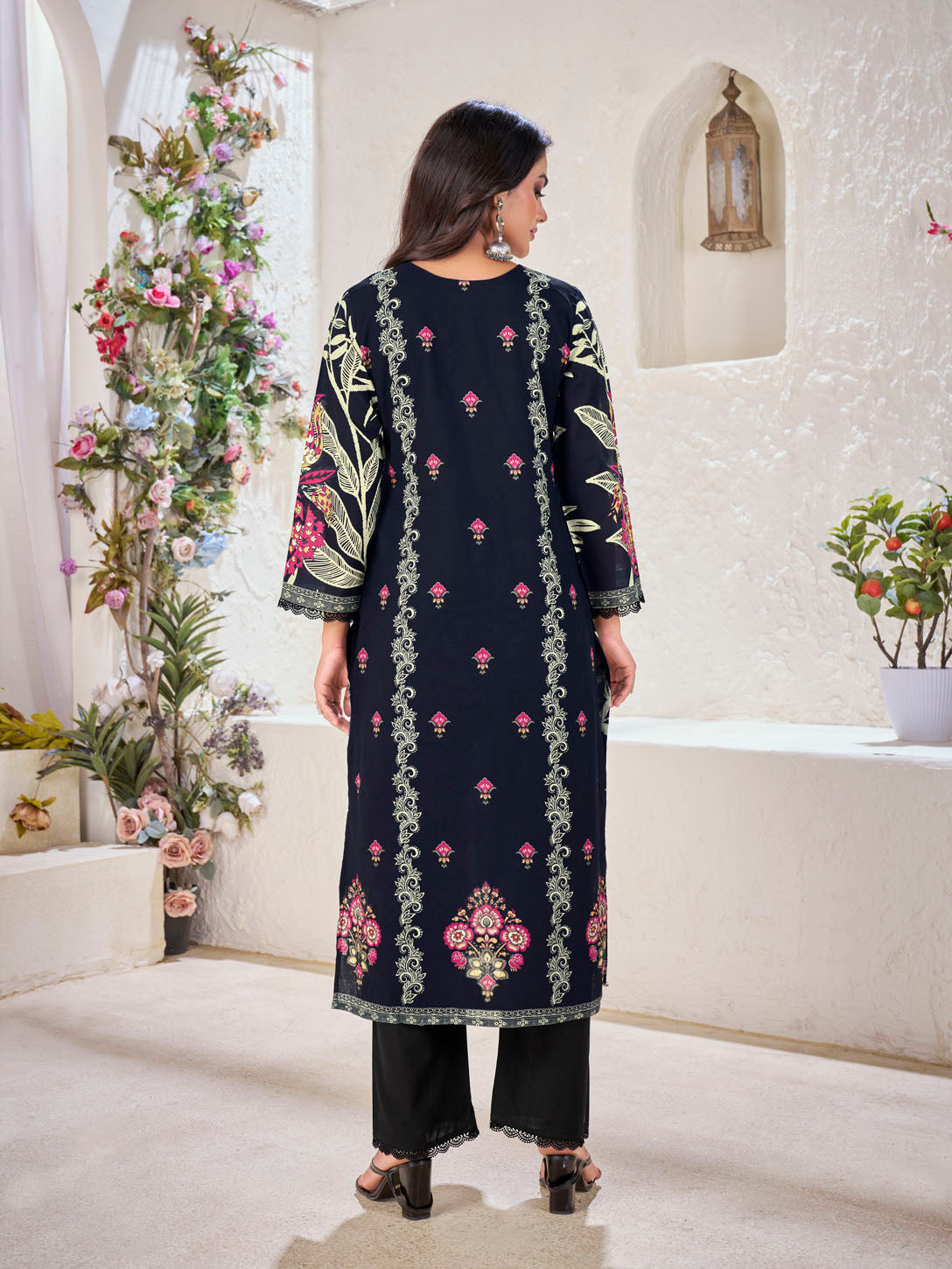 Elegant Black Floral Printed Cotton Suit Set with Contrasting Dupatta