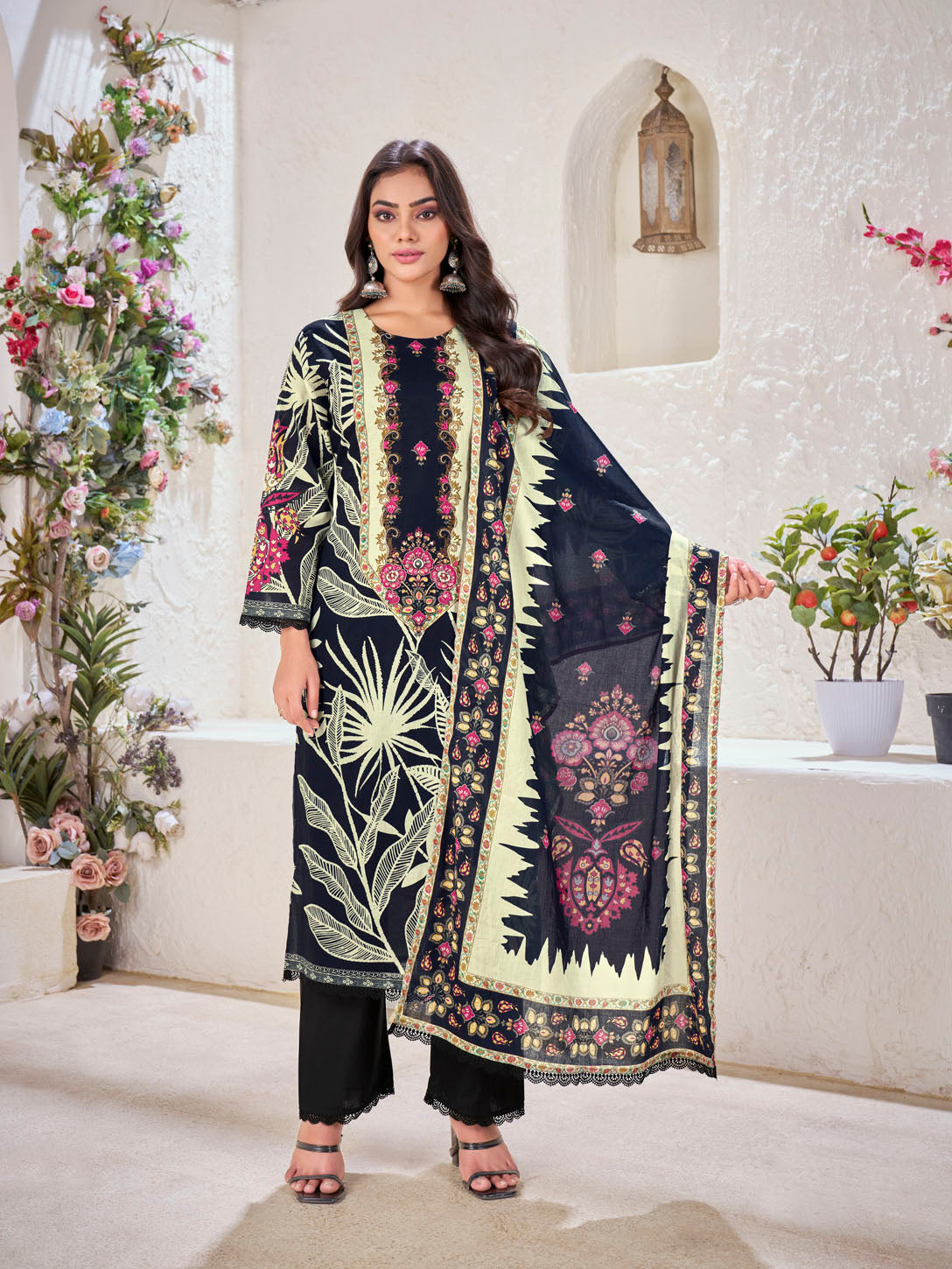 Elegant Black Floral Printed Cotton Suit Set with Contrasting Dupatta