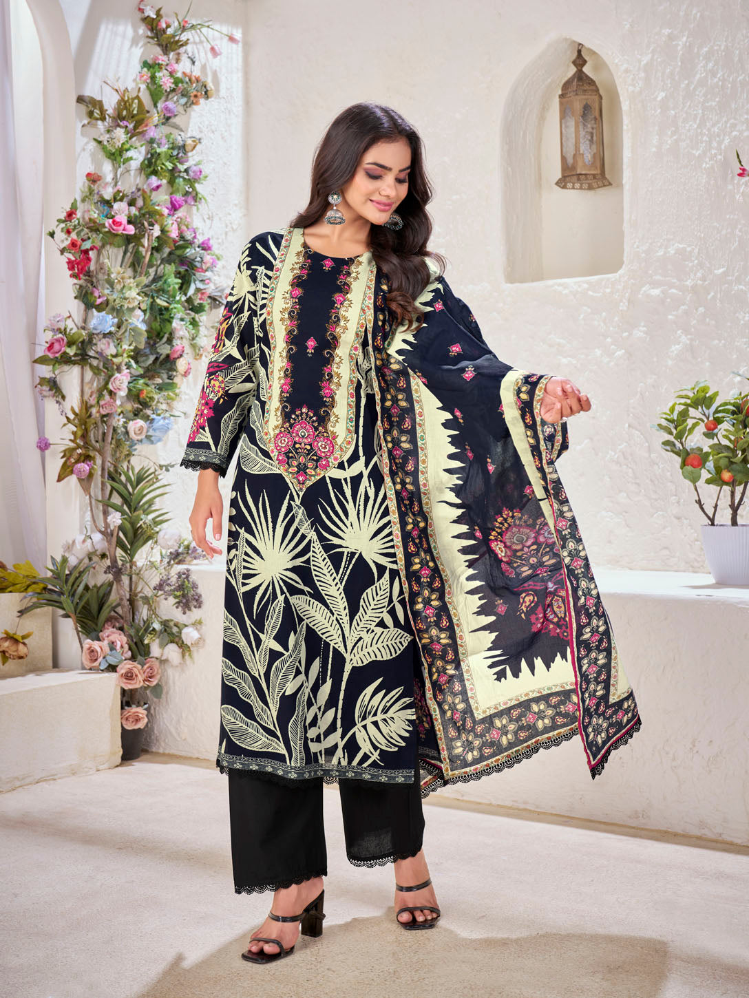 Elegant Black Floral Printed Cotton Suit Set with Contrasting Dupatta