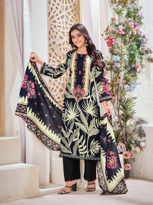 Elegant Black Floral Printed Cotton Suit Set with Contrasting Dupatta