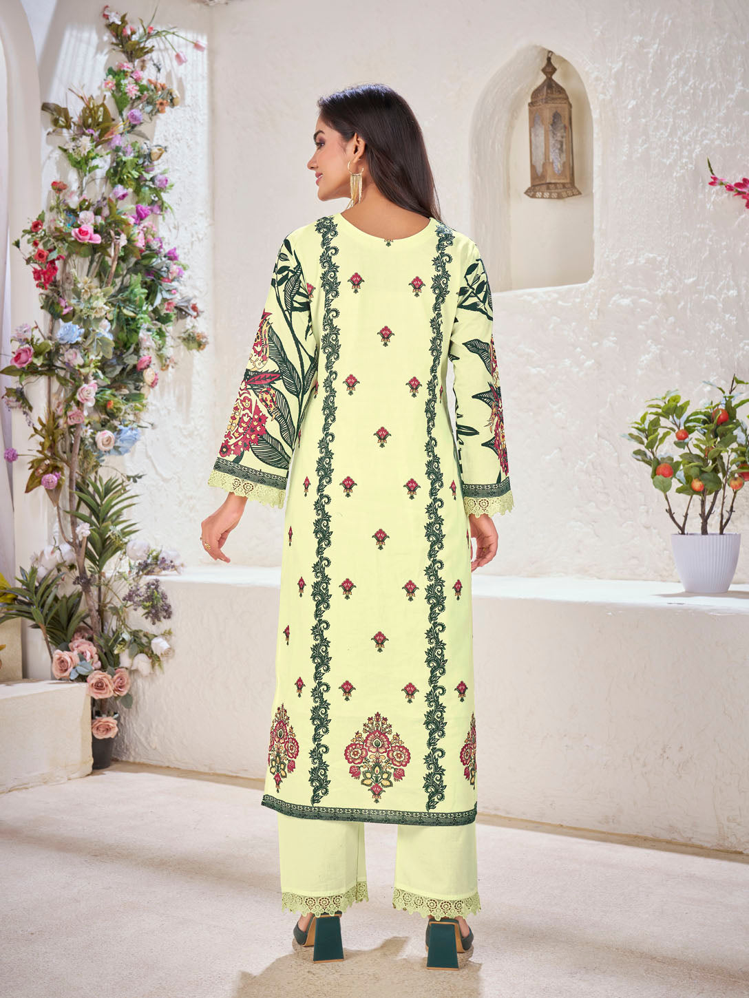 Pastel Yellow Printed Cotton Suit Set with Bold Green Accents & Floral Dupatta