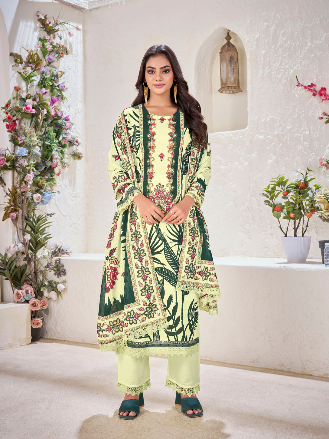 Pastel Yellow Printed Cotton Suit Set with Bold Green Accents & Floral Dupatta