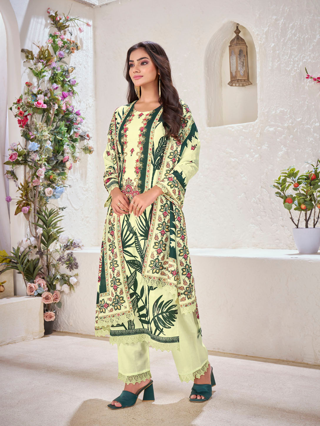 Pastel Yellow Printed Cotton Suit Set with Bold Green Accents & Floral Dupatta