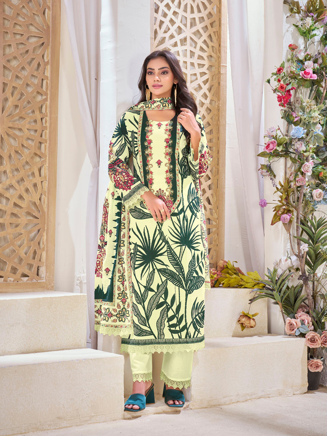 Pastel Yellow Printed Cotton Suit Set with Bold Green Accents & Floral Dupatta