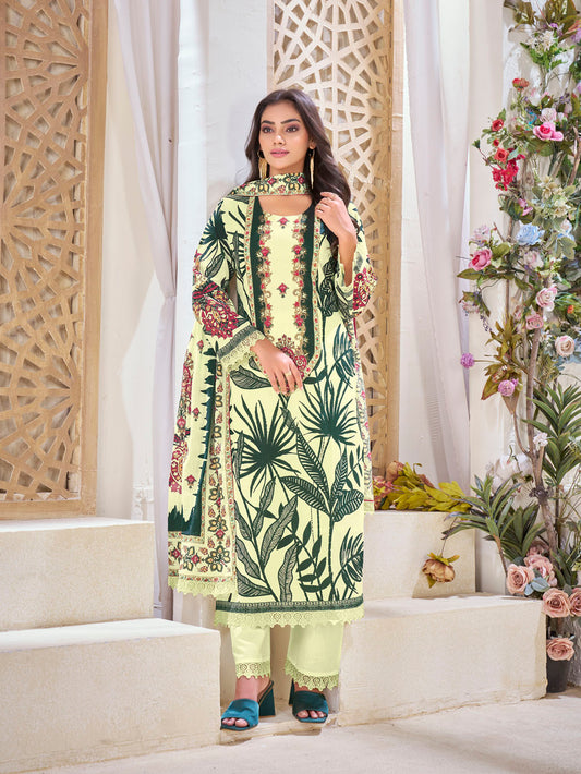Pastel Yellow Printed Cotton Suit Set with Bold Green Accents & Floral Dupatta