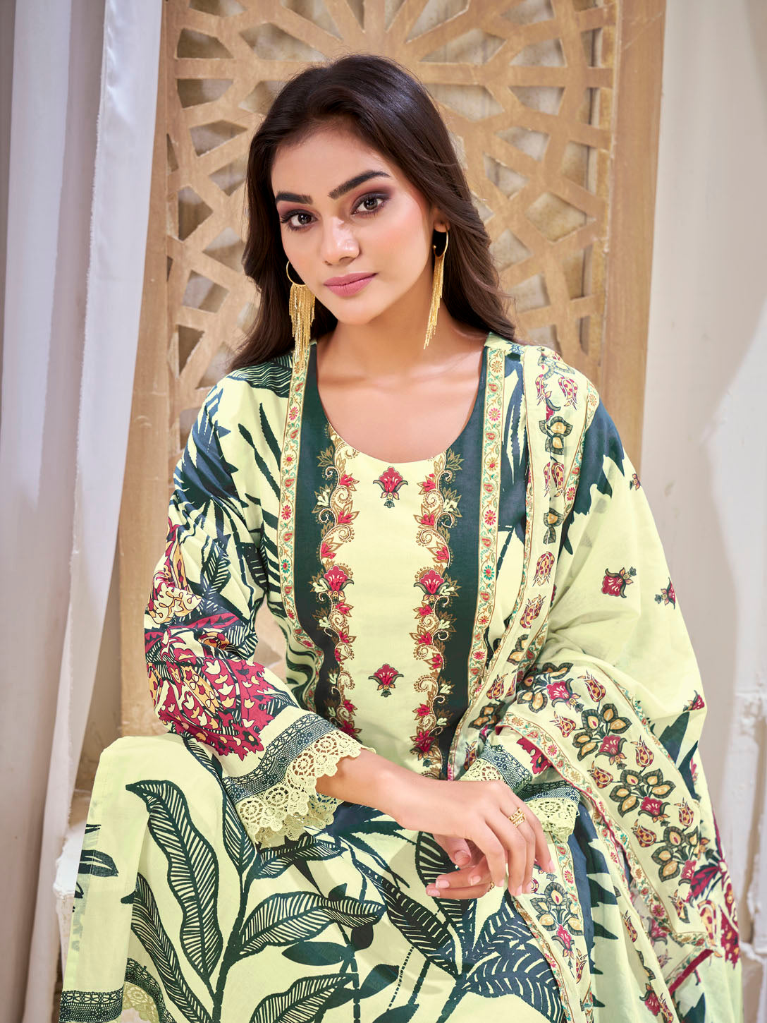 Pastel Yellow Printed Cotton Suit Set with Bold Green Accents & Floral Dupatta