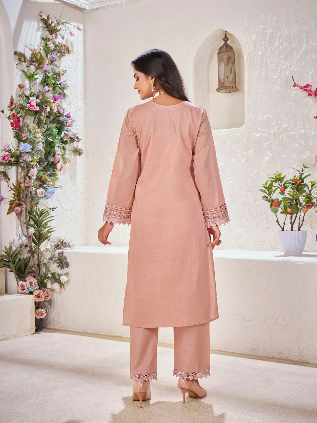 Dusty Rose Embroidered Cotton Suit Set with Matching Dupatta