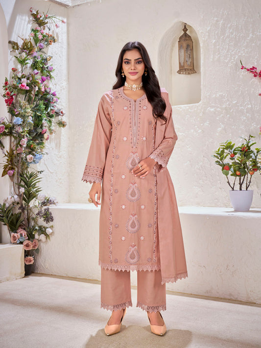 Dusty Rose Embroidered Cotton Suit Set with Matching Dupatta