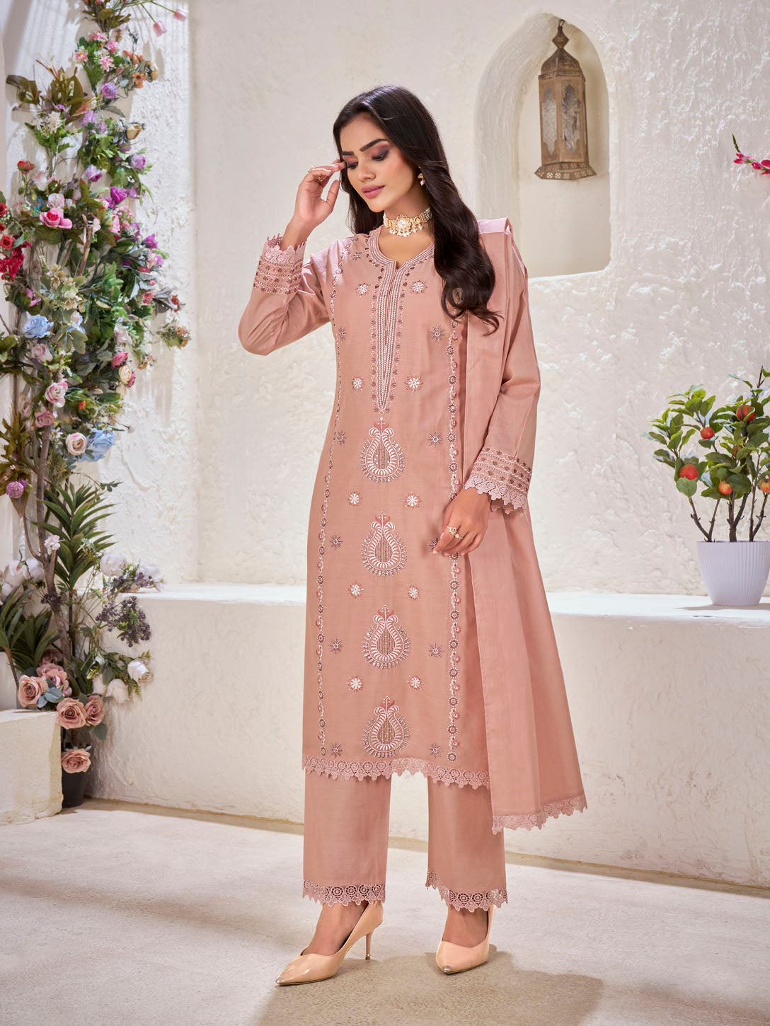 Dusty Rose Embroidered Cotton Suit Set with Matching Dupatta