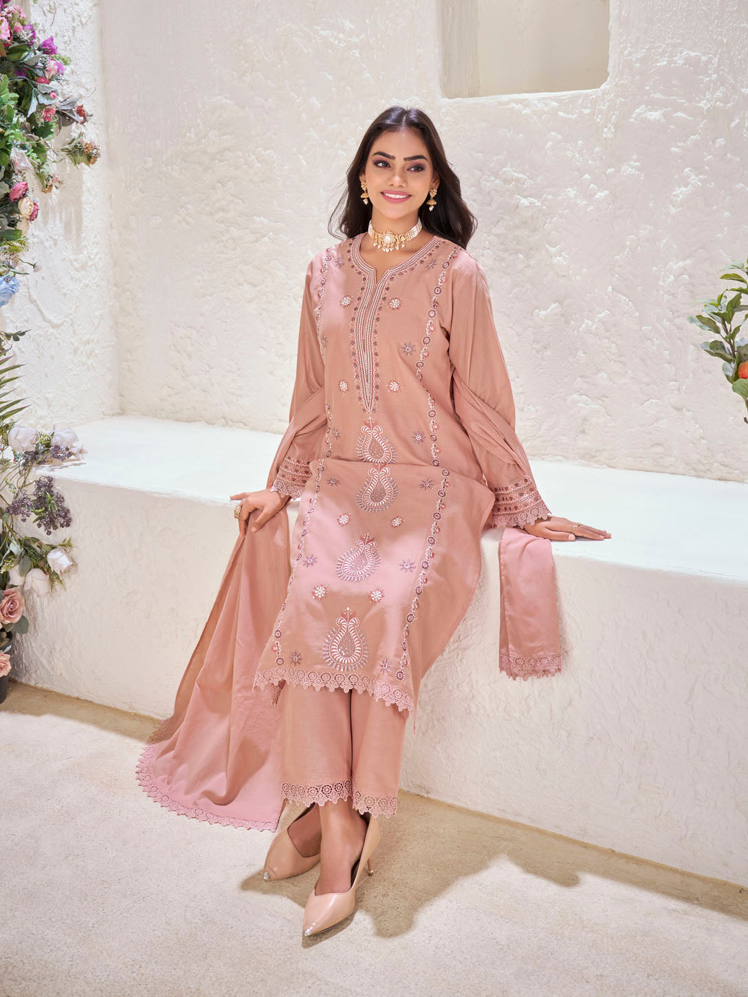Dusty Rose Embroidered Cotton Suit Set with Matching Dupatta