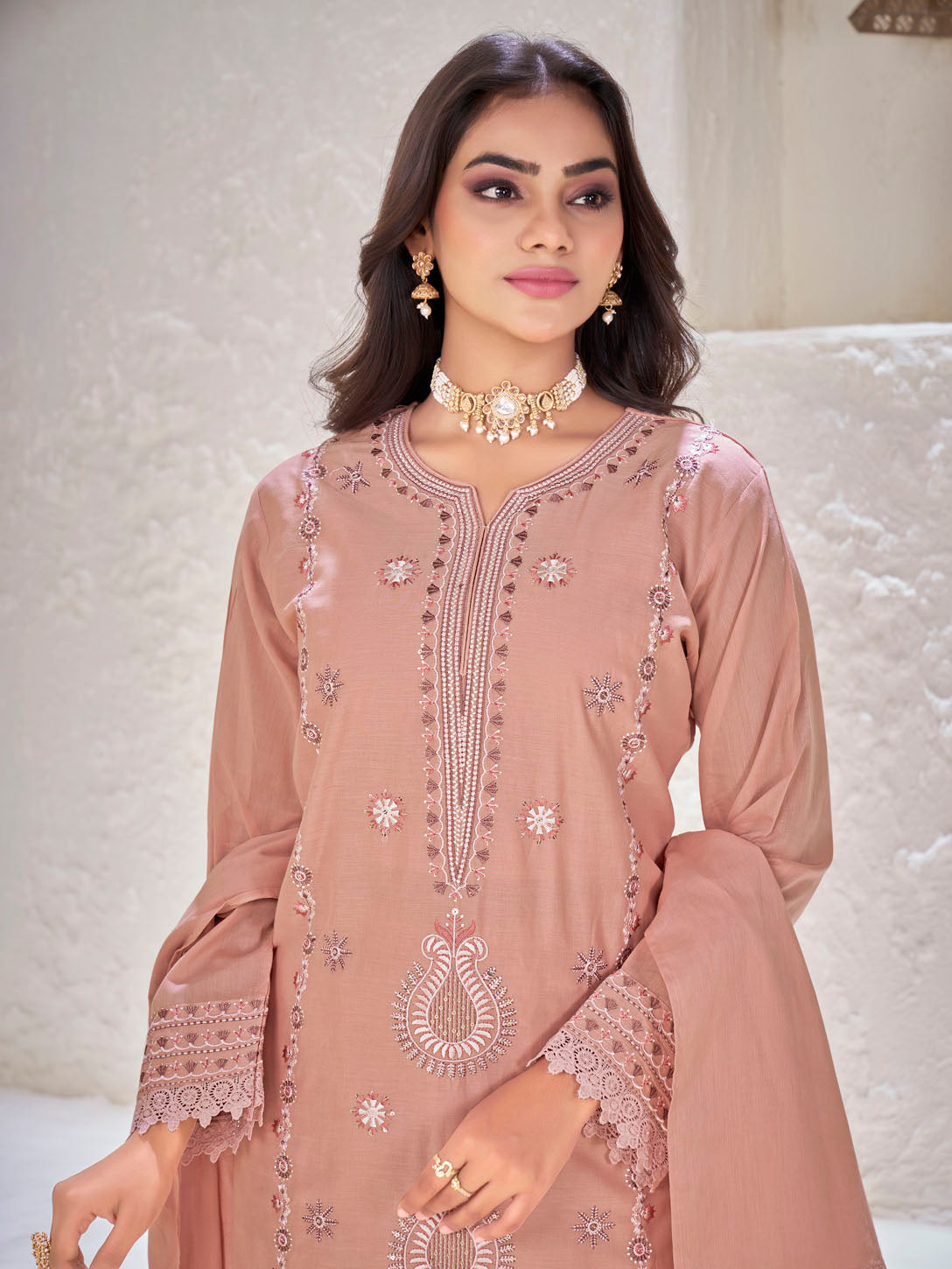 Dusty Rose Embroidered Cotton Suit Set with Matching Dupatta