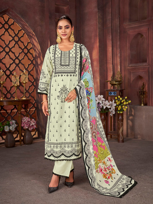 Graceful Pistachio Green Printed Cotton Suit with Multicolor Dupatta