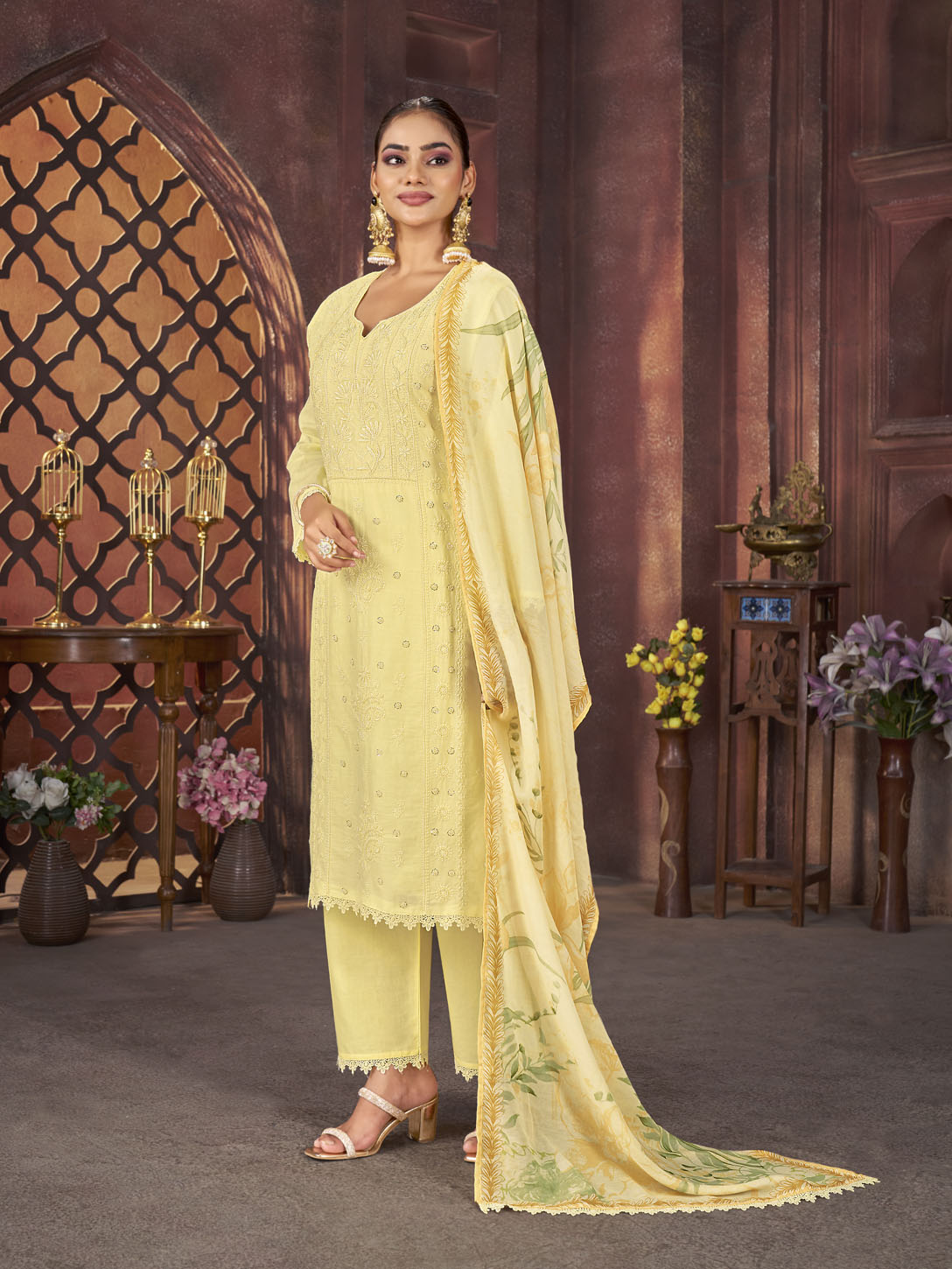 Lemon Yellow Embroidered 3-Piece Cotton Suit with Printed Dupatta