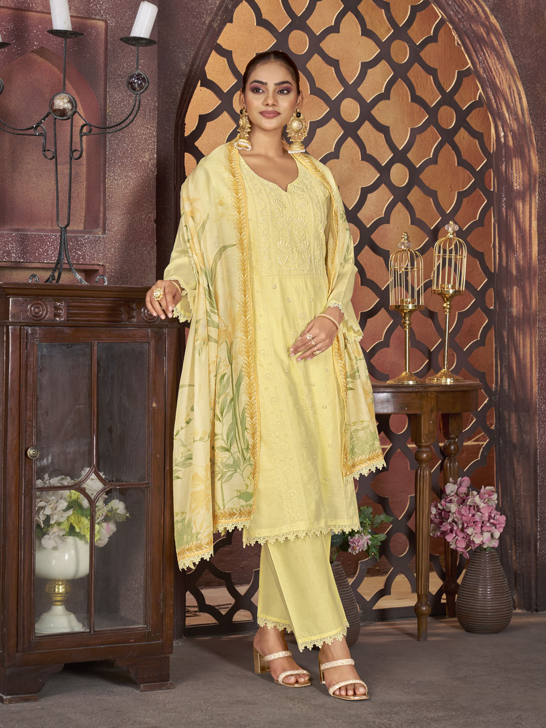 Lemon Yellow Embroidered 3-Piece Cotton Suit with Printed Dupatta