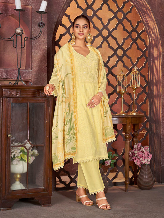 Lemon Yellow Embroidered 3-Piece Cotton Suit with Printed Dupatta