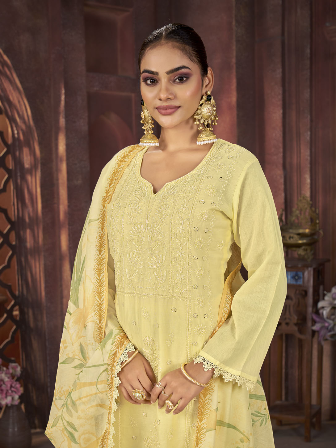 Lemon Yellow Embroidered 3-Piece Cotton Suit with Printed Dupatta