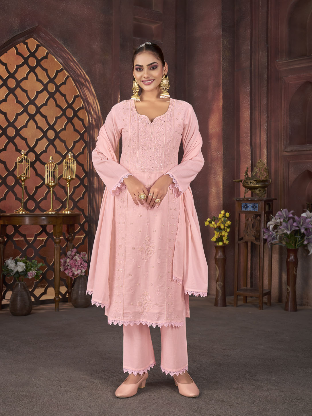 Blush Pink Embroidered Cotton Suit Set with Matching Dupatta