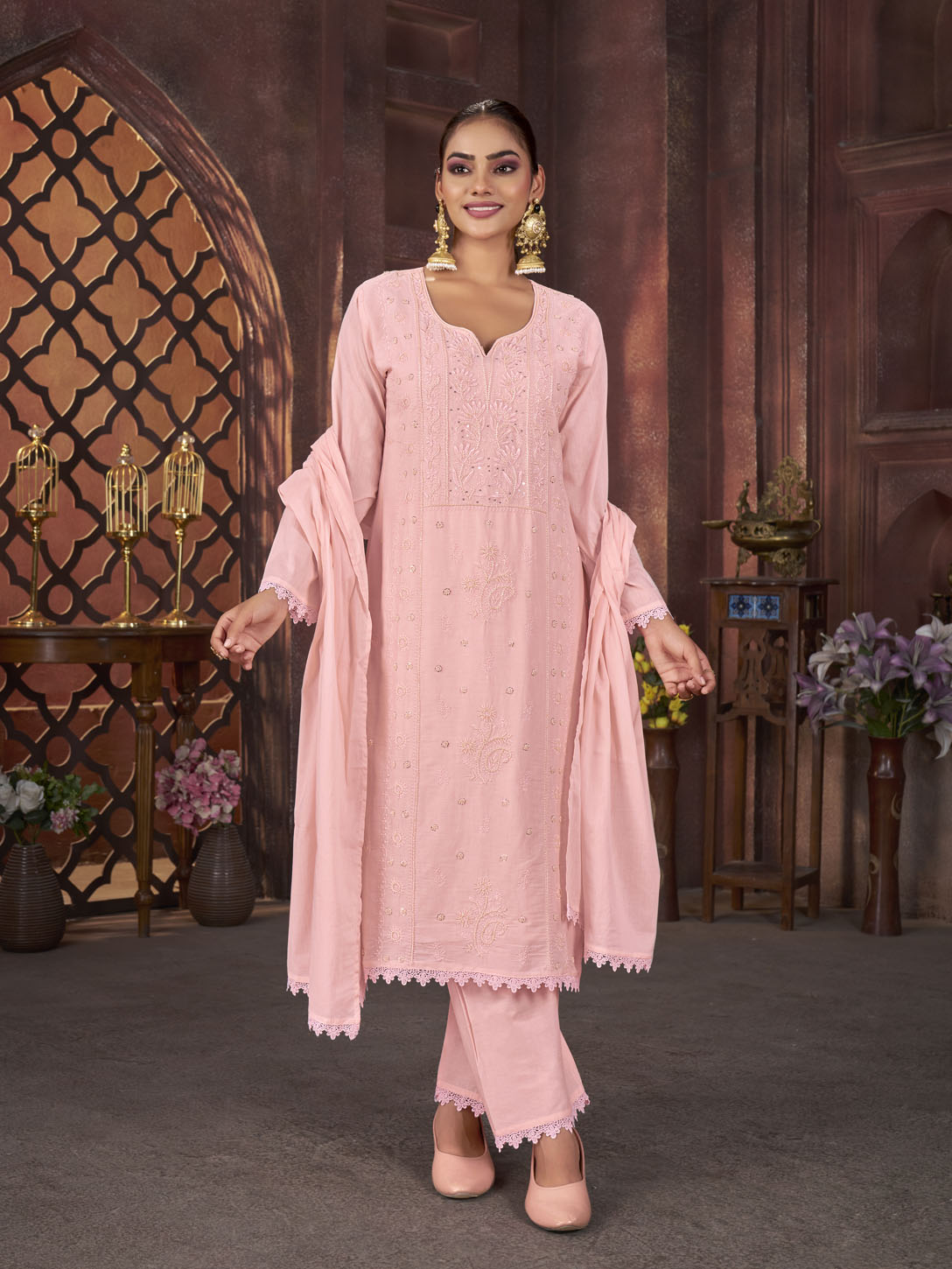 Blush Pink Embroidered Cotton Suit Set with Matching Dupatta