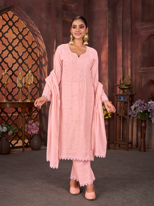 Blush Pink Embroidered Cotton Suit Set with Matching Dupatta
