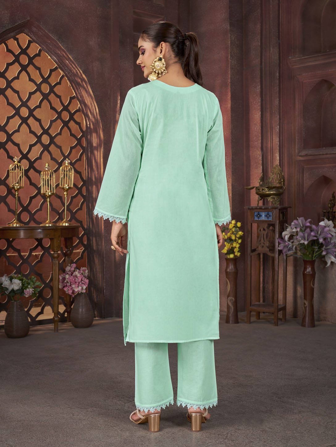 Mint Green Embroidered Cotton Suit Set with Matching Dupatta